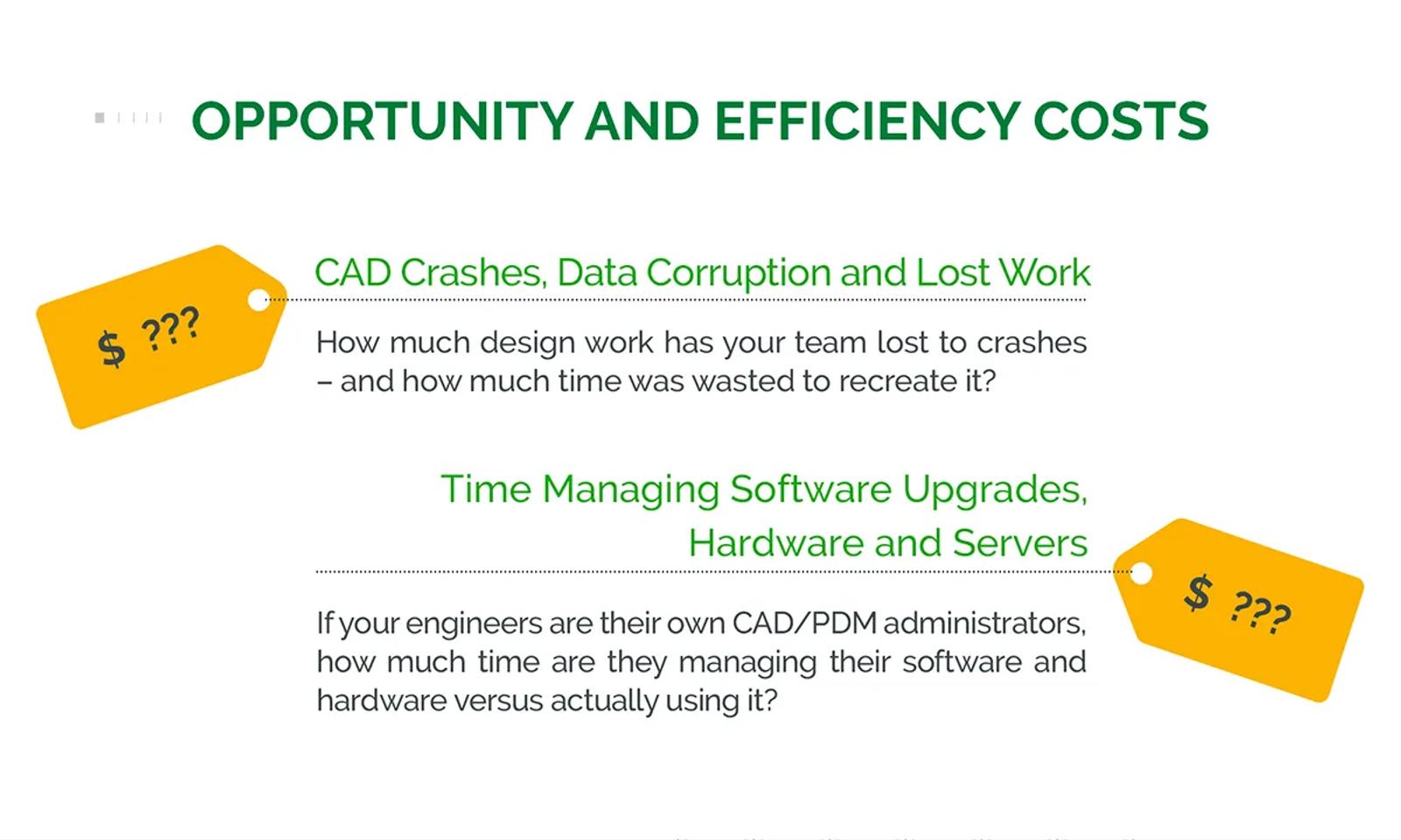 a graphic showing the opportunity and efficiency costs of cad crashes , data corruption and lost work .