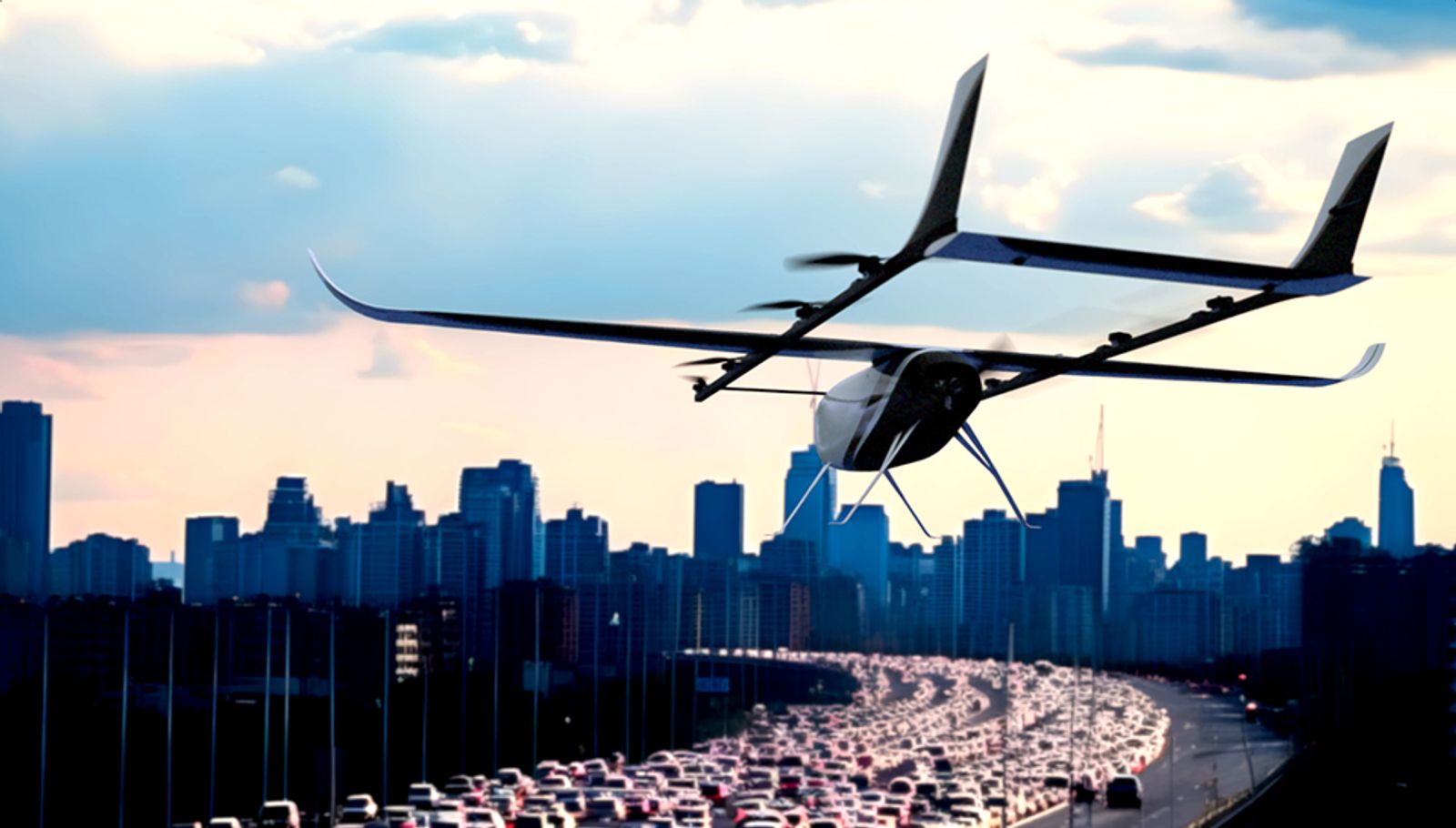 Image showing a rendering of the Turix V-100 flying over traffic.