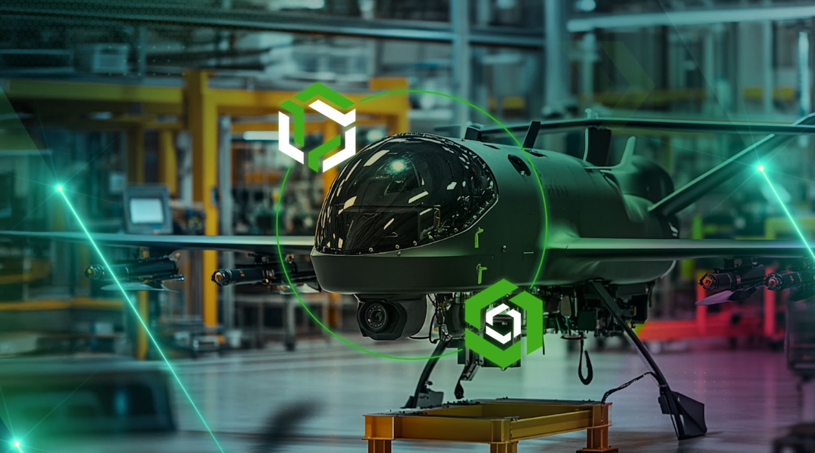 An unmanned aerial vehicle (UAV) is displayed in a high-tech industrial setting with Arena and Onshape logos in the foreground. 