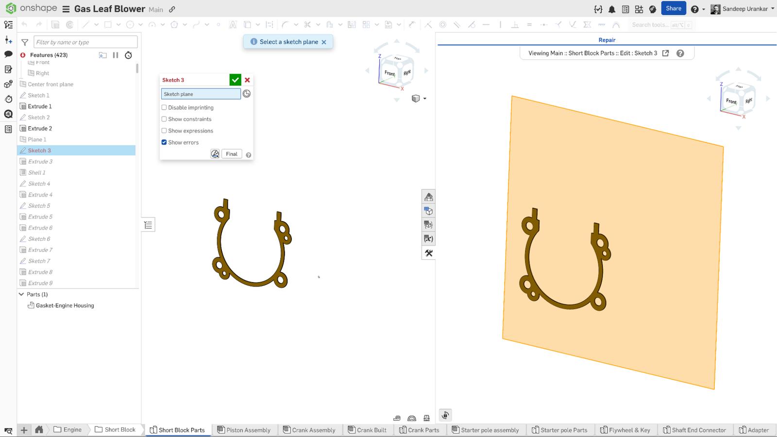 Onshape GUI showing the Repair Tool on the right.
