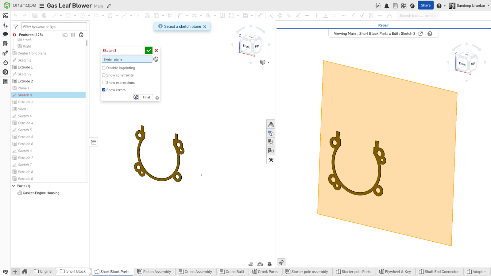 Onshape GUI showing the Repair Tool on the right.