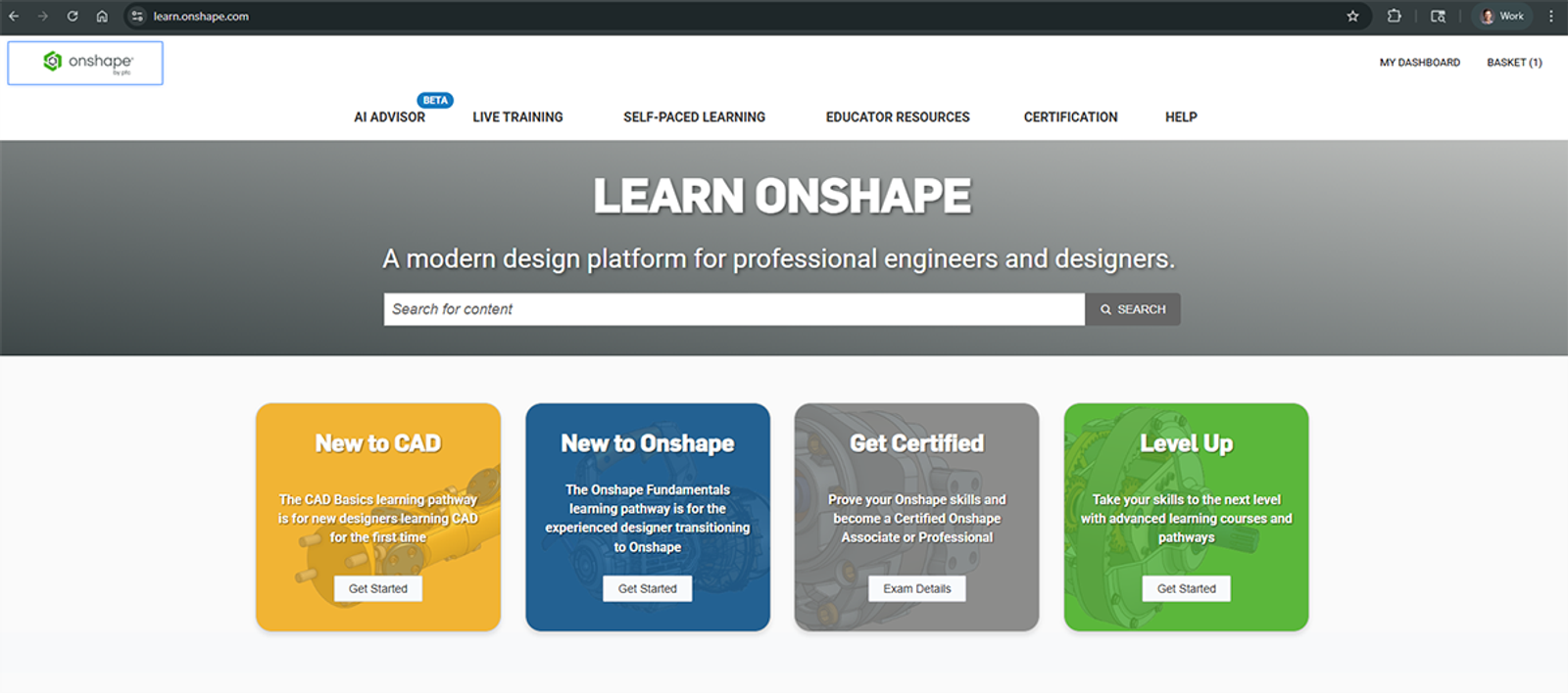 Image of the landing page for the Onshape Learning Center. 