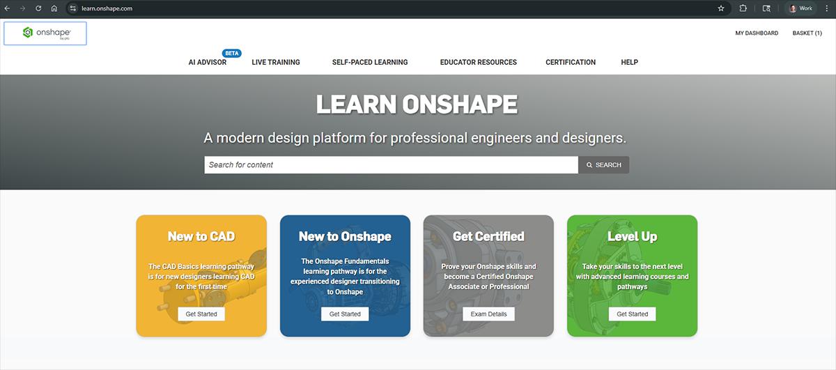 Image of the landing page for the Onshape Learning Center.