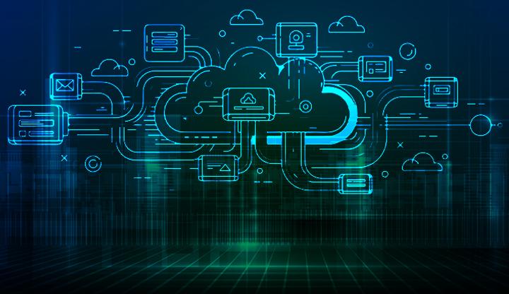 Stock image showing cloud illustration with a tech-y background.