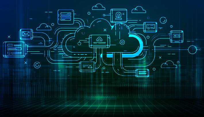 Stock image showing cloud illustration with a tech-y background.