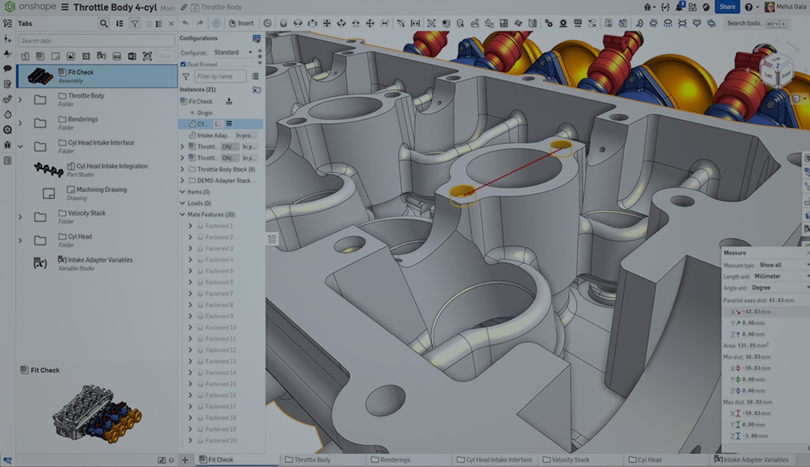 Onshape GUI with an overlay showing a CAD model and the Measure tool.