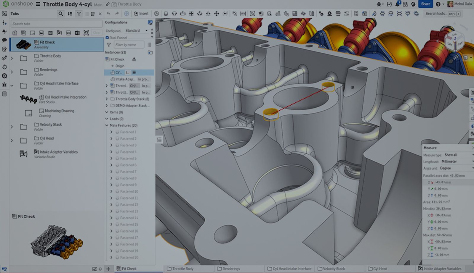 Onshape GUI with an overlay showing a CAD model and the Measure tool.