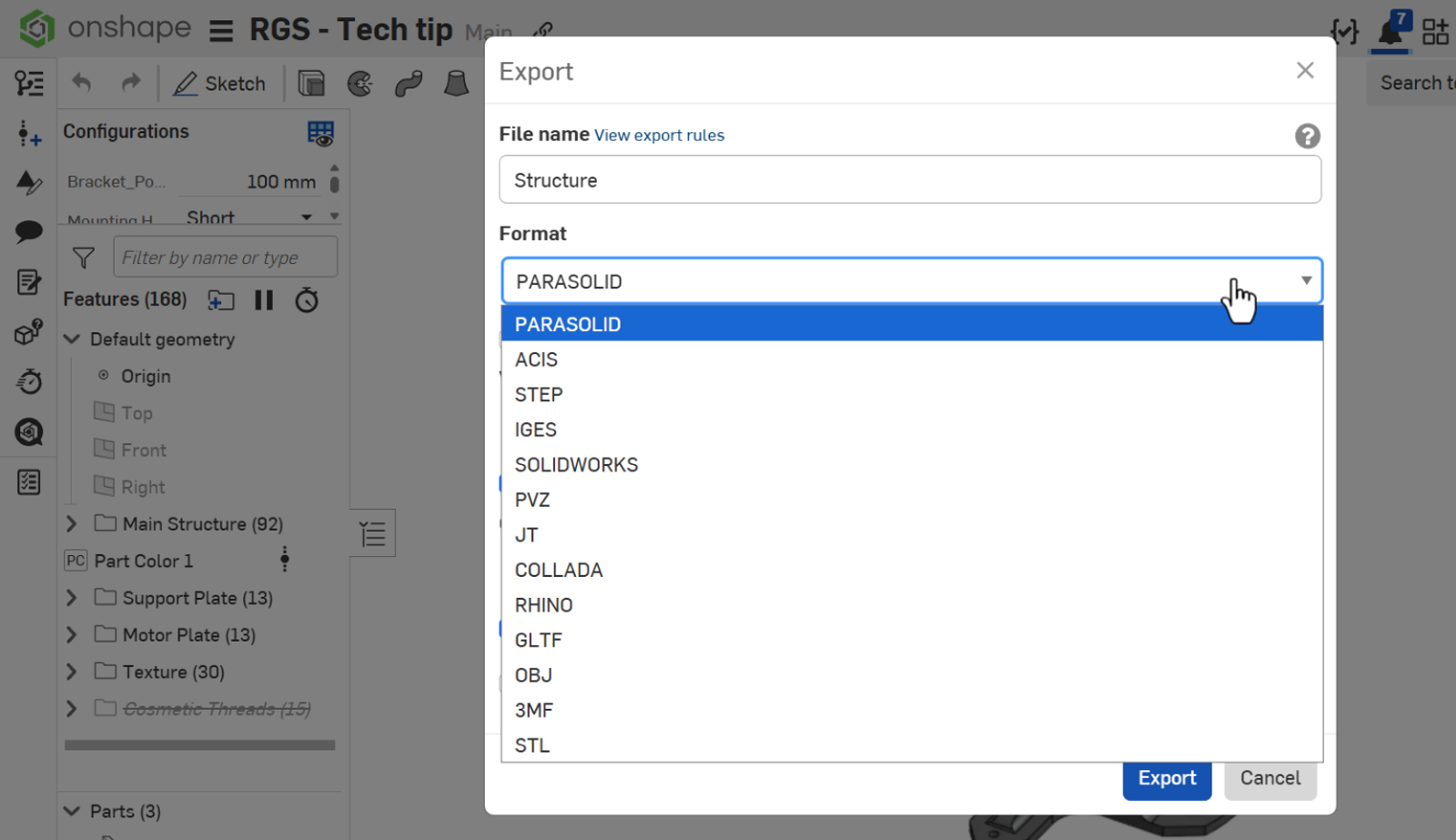 Onshape GUI showing PARASOLID highlighted in the Export box.