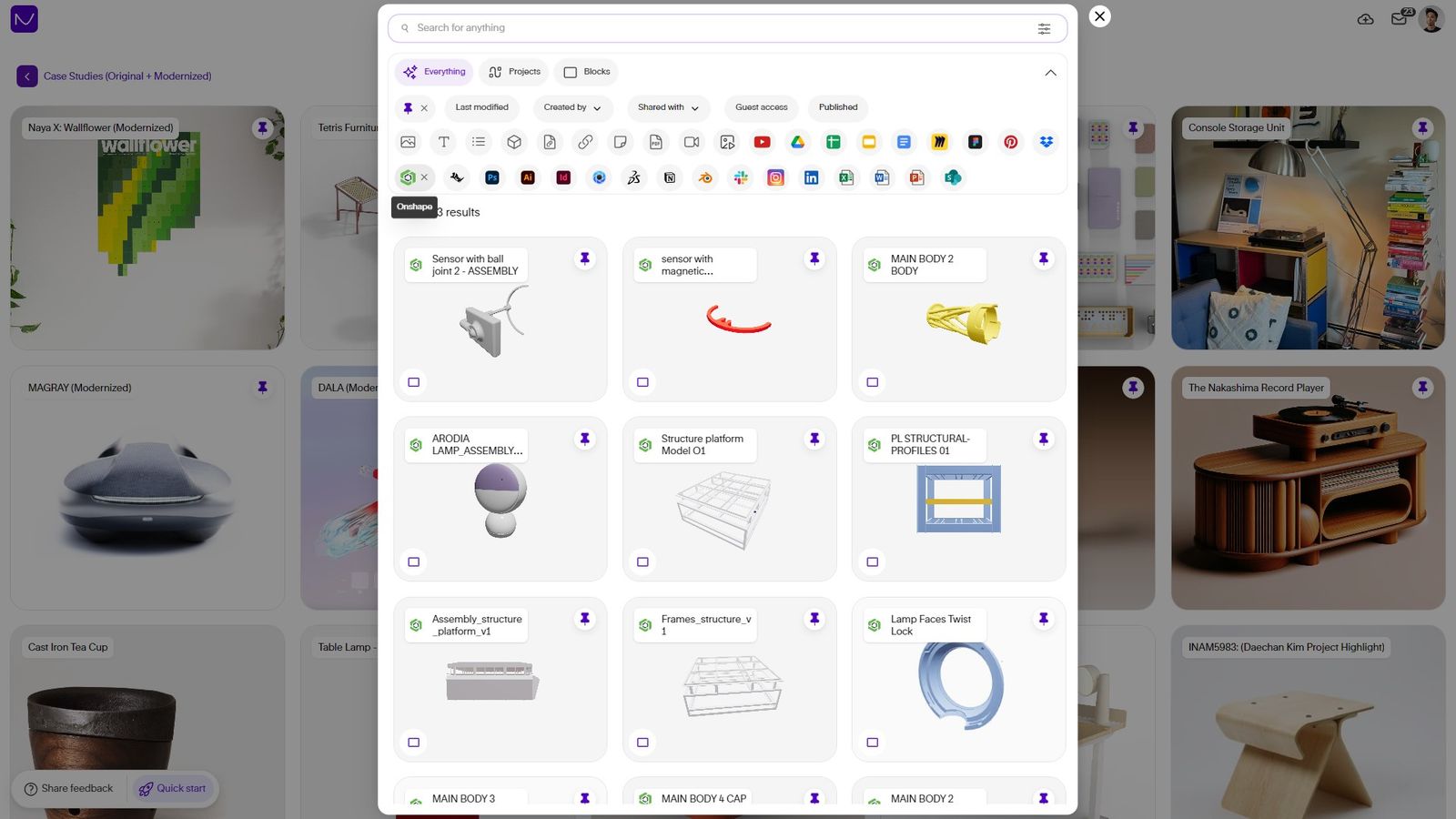 Naya GUI showing a search for Onshape projects.