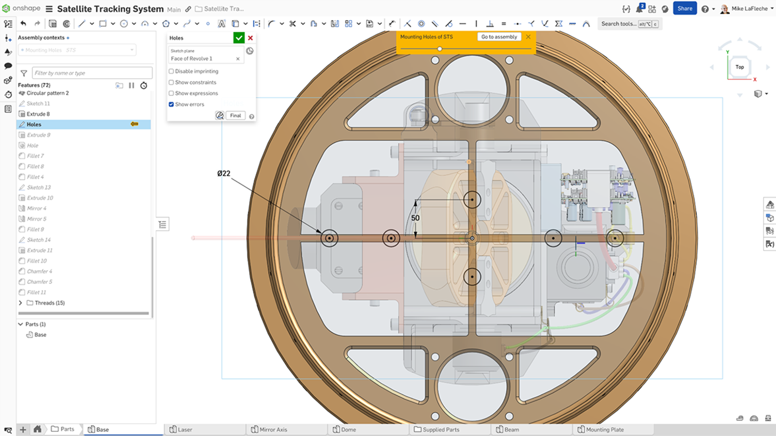 Onshape GUI showing a part of a 3D-modeled Satellite Tracking System.