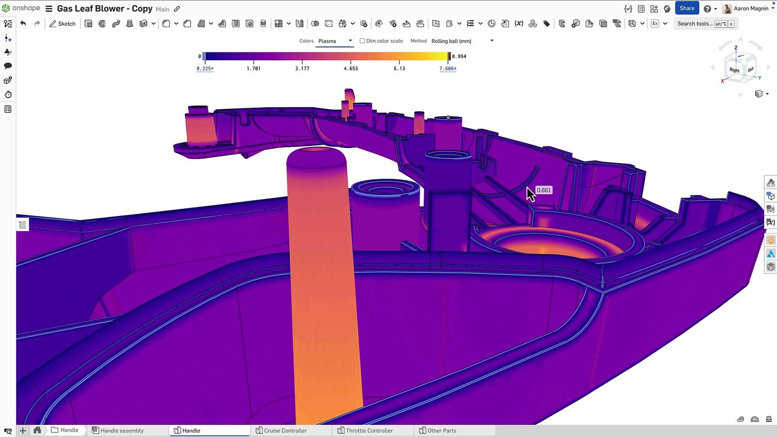 Onshape GUI showing close-up view of the internal structure of a leaf blower handle with thickness measurements.