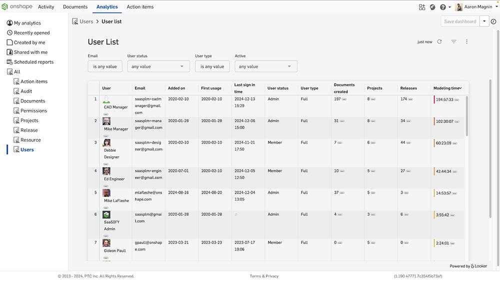 User dashboard in Onshape