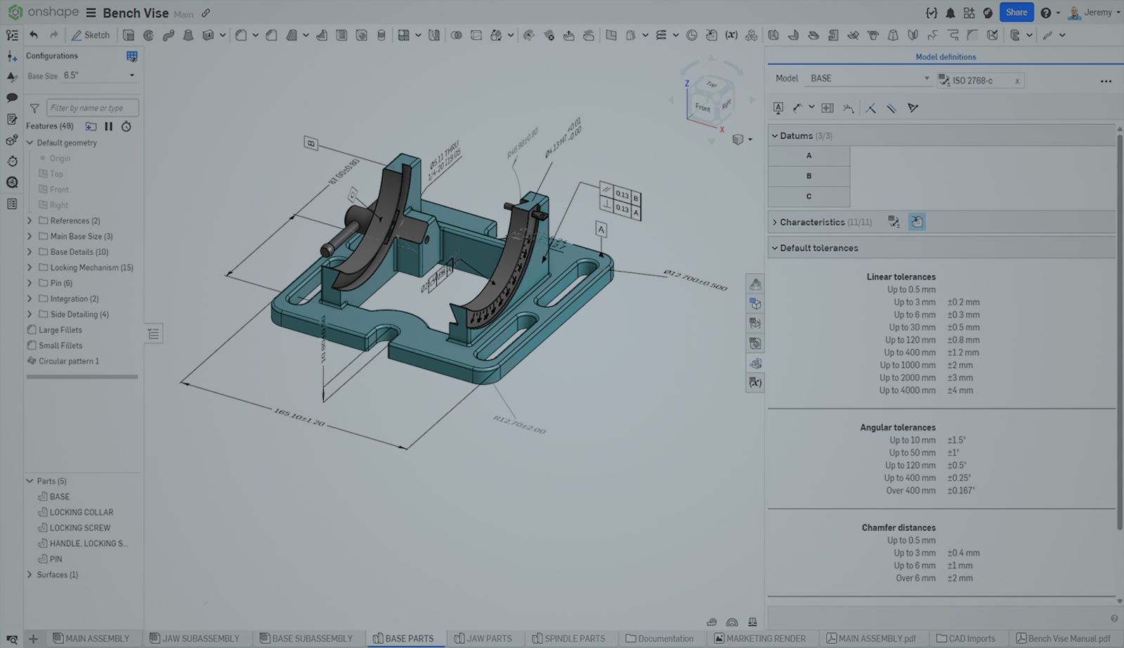 Onshape GUI with an overlay showing a 3D-modeled Bench Vise with MBD.
