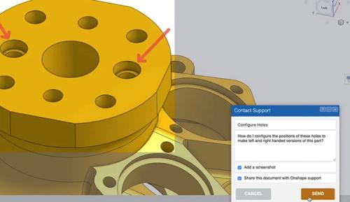 Onshape GUI showing the Contact Support dialog open.