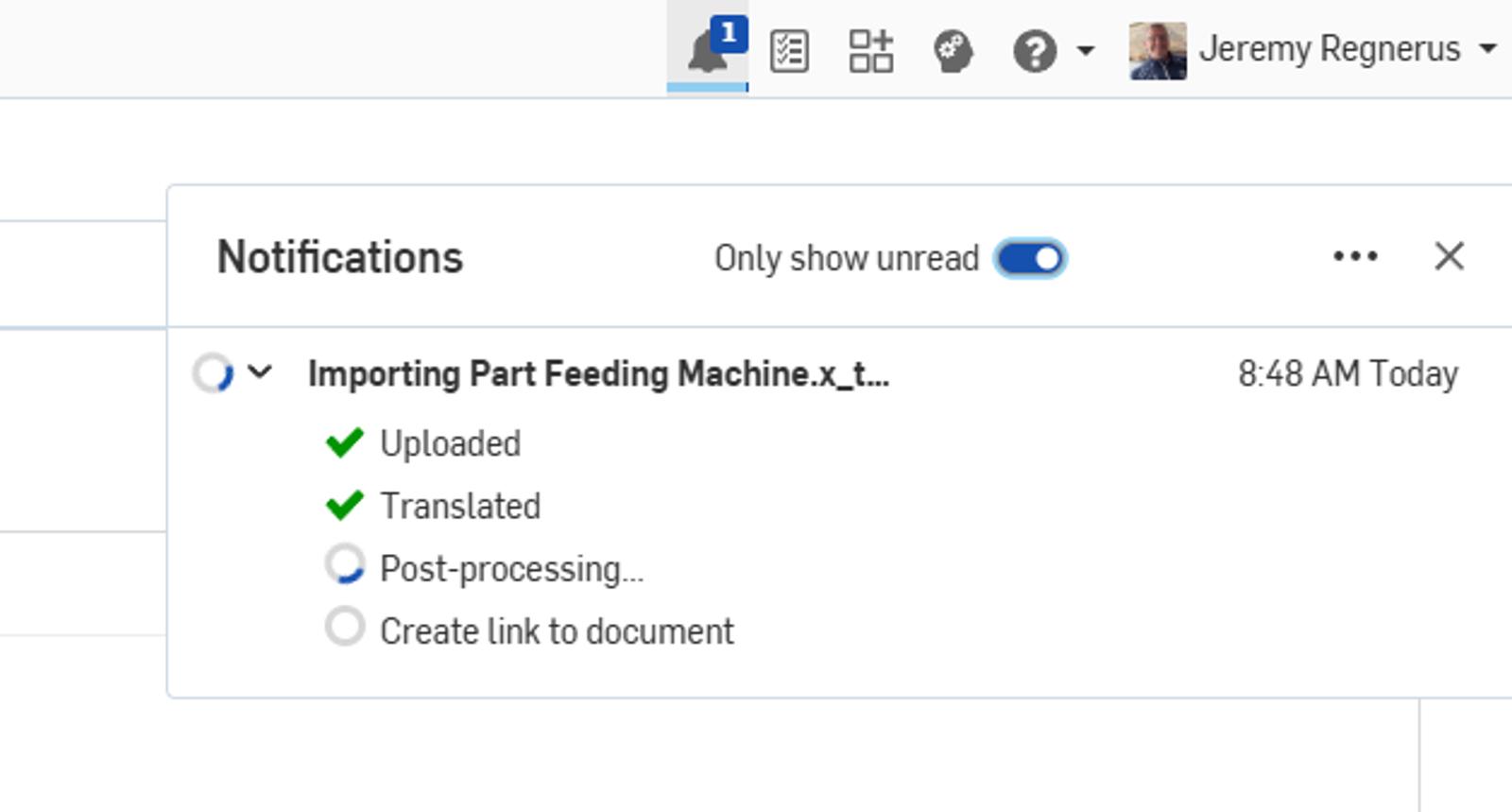 Onshape GUI showing import notifications for a user.