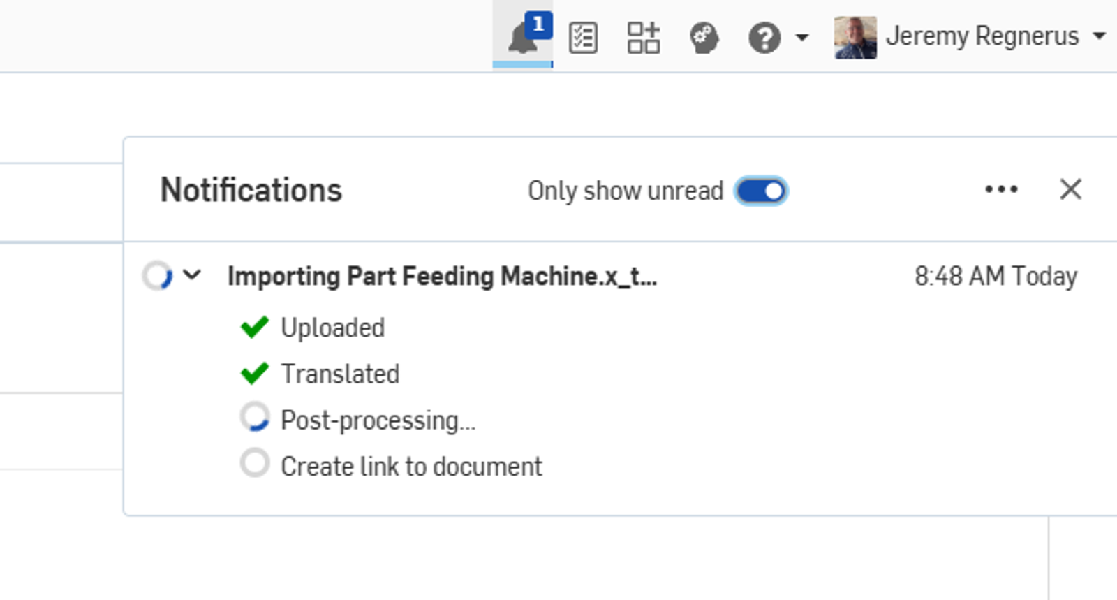 Onshape GUI showing import notifications for a user.