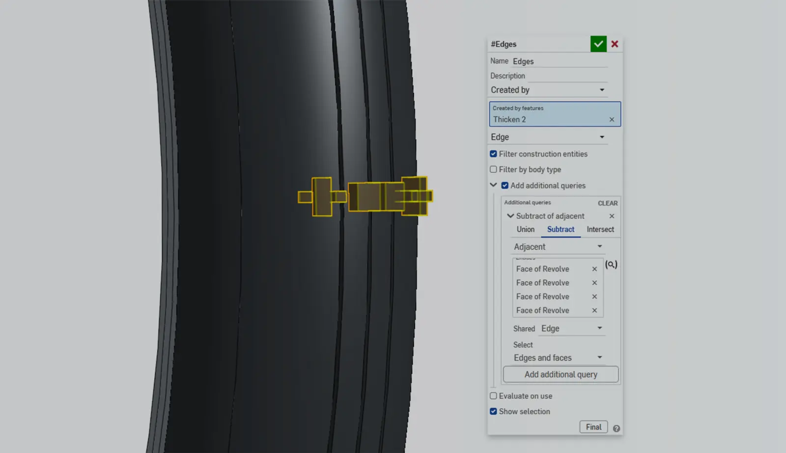 Onshape GUI with an overlay showing Query Variables