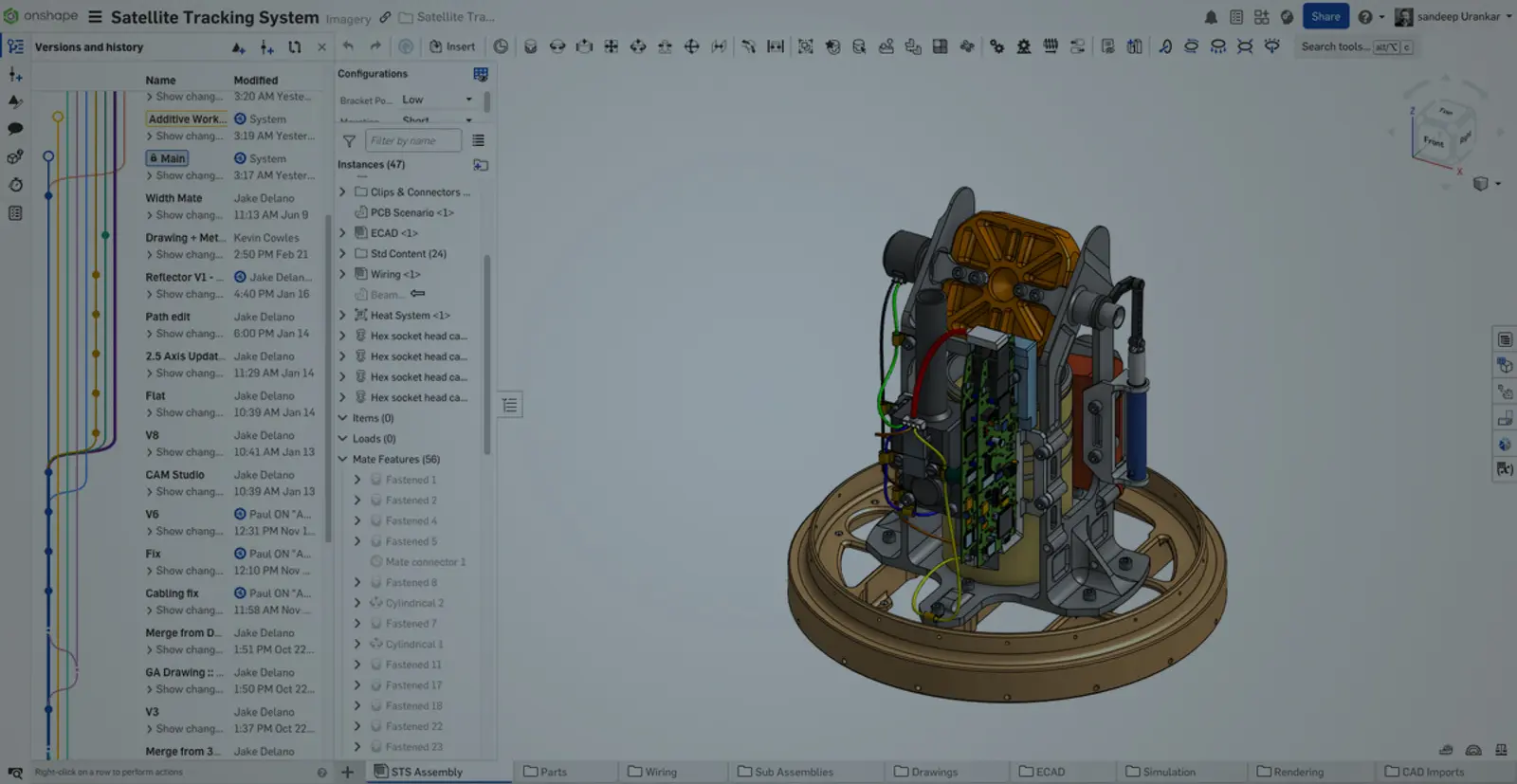 Onshape GUI darkened with an overlay showing a CAD model of a Satellite Tracking System and it's Version and history panel.