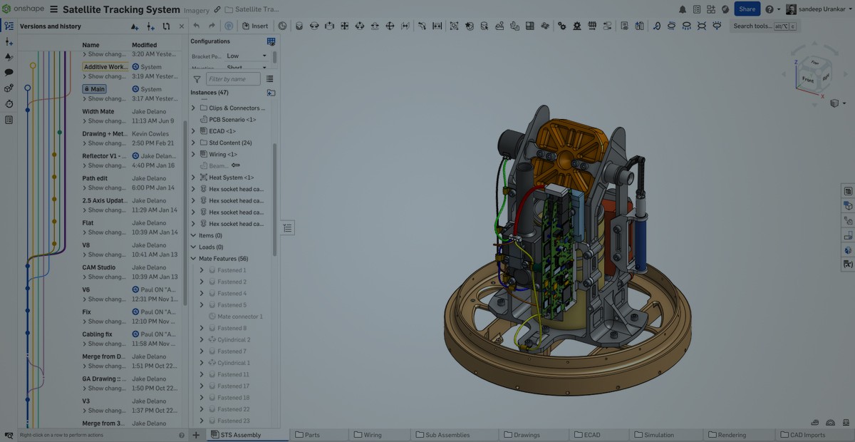 Onshape GUI darkened with an overlay showing a CAD model of a Satellite Tracking System and it's Version and history panel.