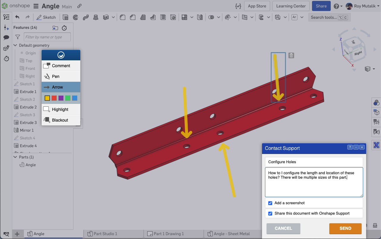 A screenshot of Onshape's built-in Feedback tool that engineers and product designers can use to mark up their CAD model to share with Onshape technical support.