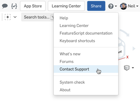 Screenshot of the ‘Contact Support Tab' inside Onshape, a cloud product development platform that combines cad real-time collaboration tools and data management