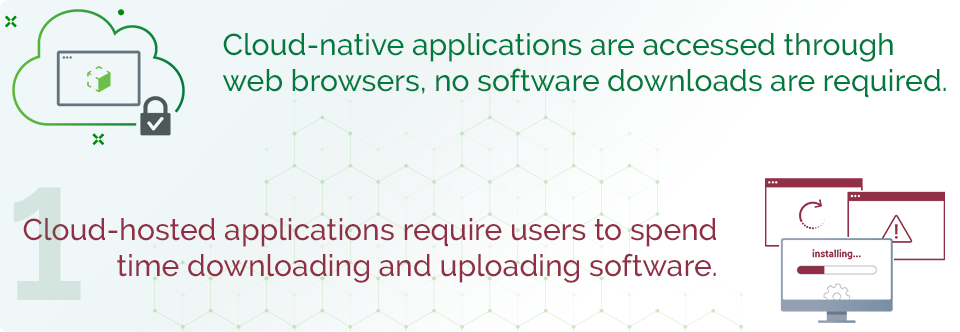 Cloud-native applications are accessed through web browsers, no software downloads are required. Cloud-hosted applications require users to spend time downloading and uploading software
