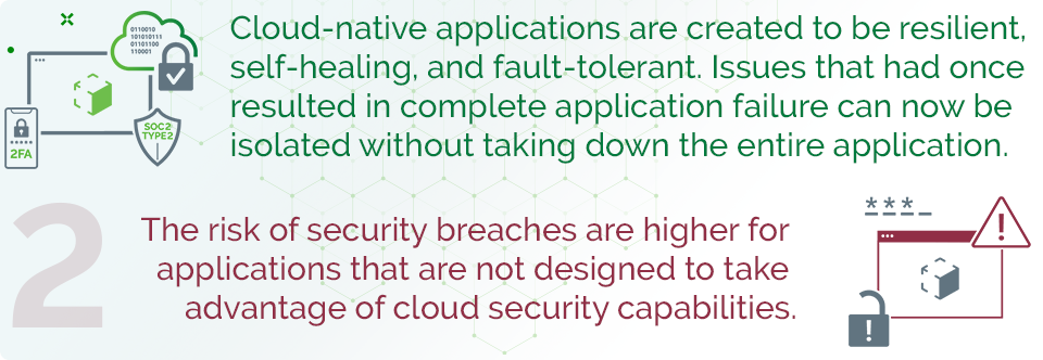 Cloud-native applications are created to be resilient, self-healing, and fault-tolerant. Issues that had once resulted in complete application failure can now be isolated without taking down the entire application. The risk of security breaches are higher for applications that are not designed to take advantage of cloud security capabilities.
