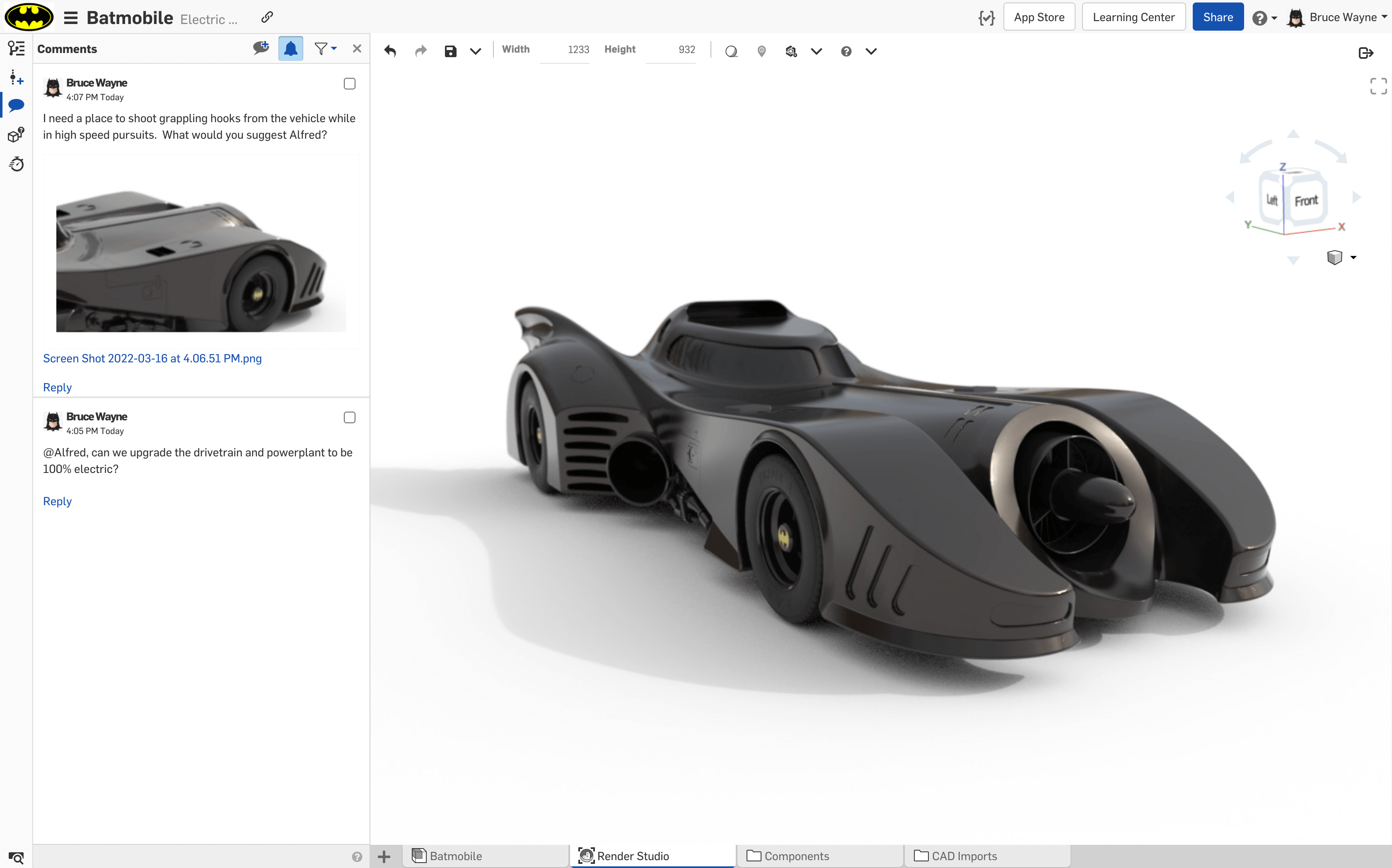 Onshape design inspired by the Batmobile