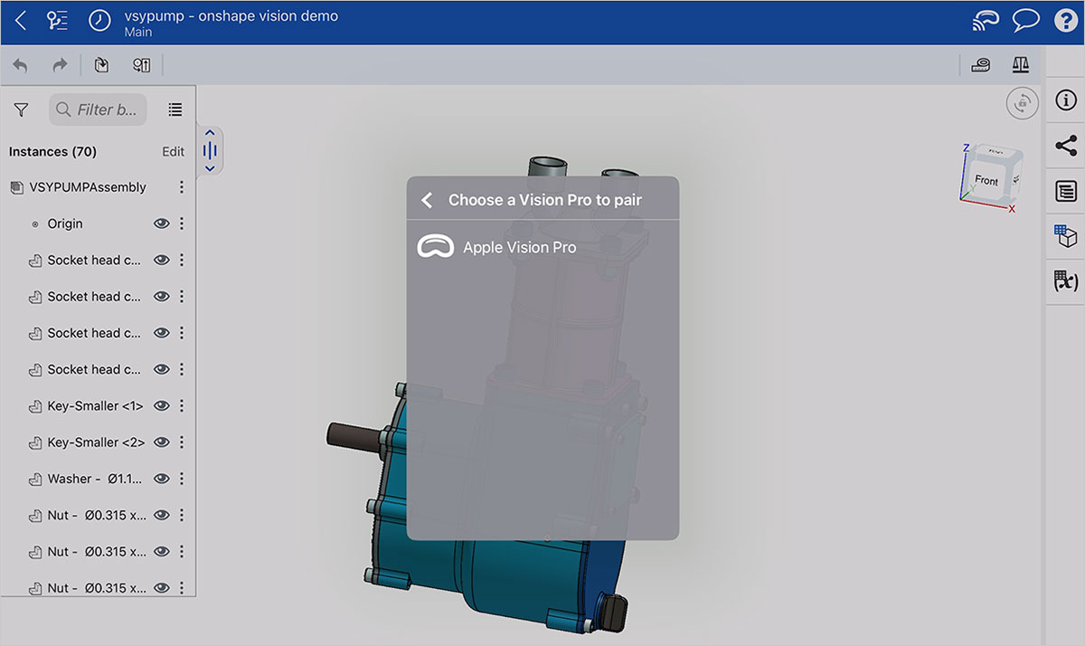 Choosing the device to connect to in the Onshape iPad app.