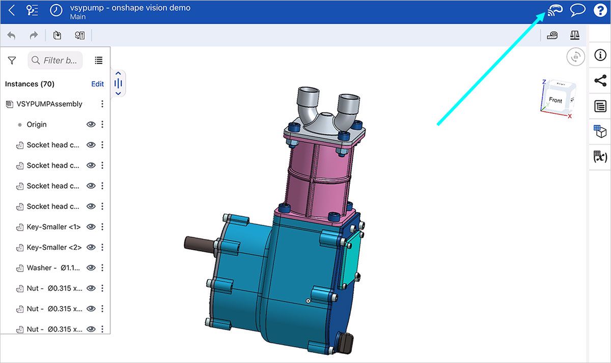 An icon in the Onshape iPad app to connect to the Apple Vision Pro