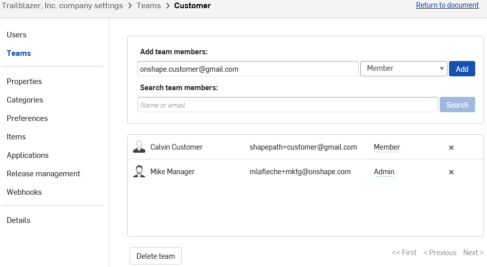 Shows the Teams section of Company Settings, with the user being added to a "Customer" team