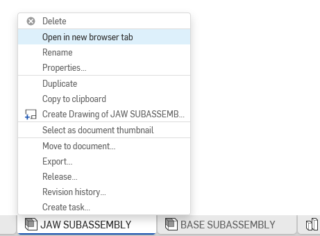 Right-clicking Onshape tab provides the option to open it in a new browser tab