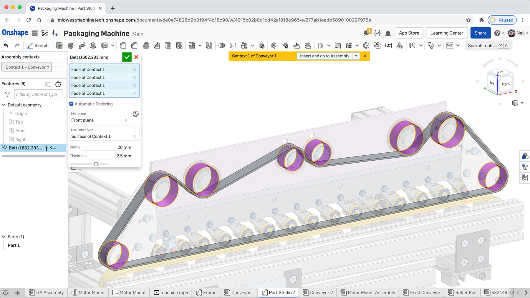 Custom belt feature in CAD cloud software