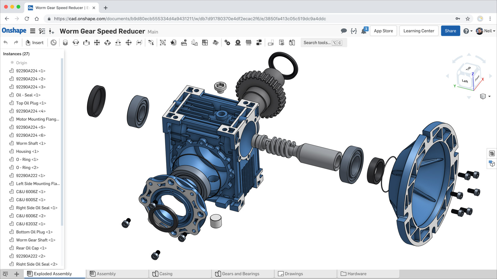 Screenshot of an exploded assembly in the Onshape product design platform.