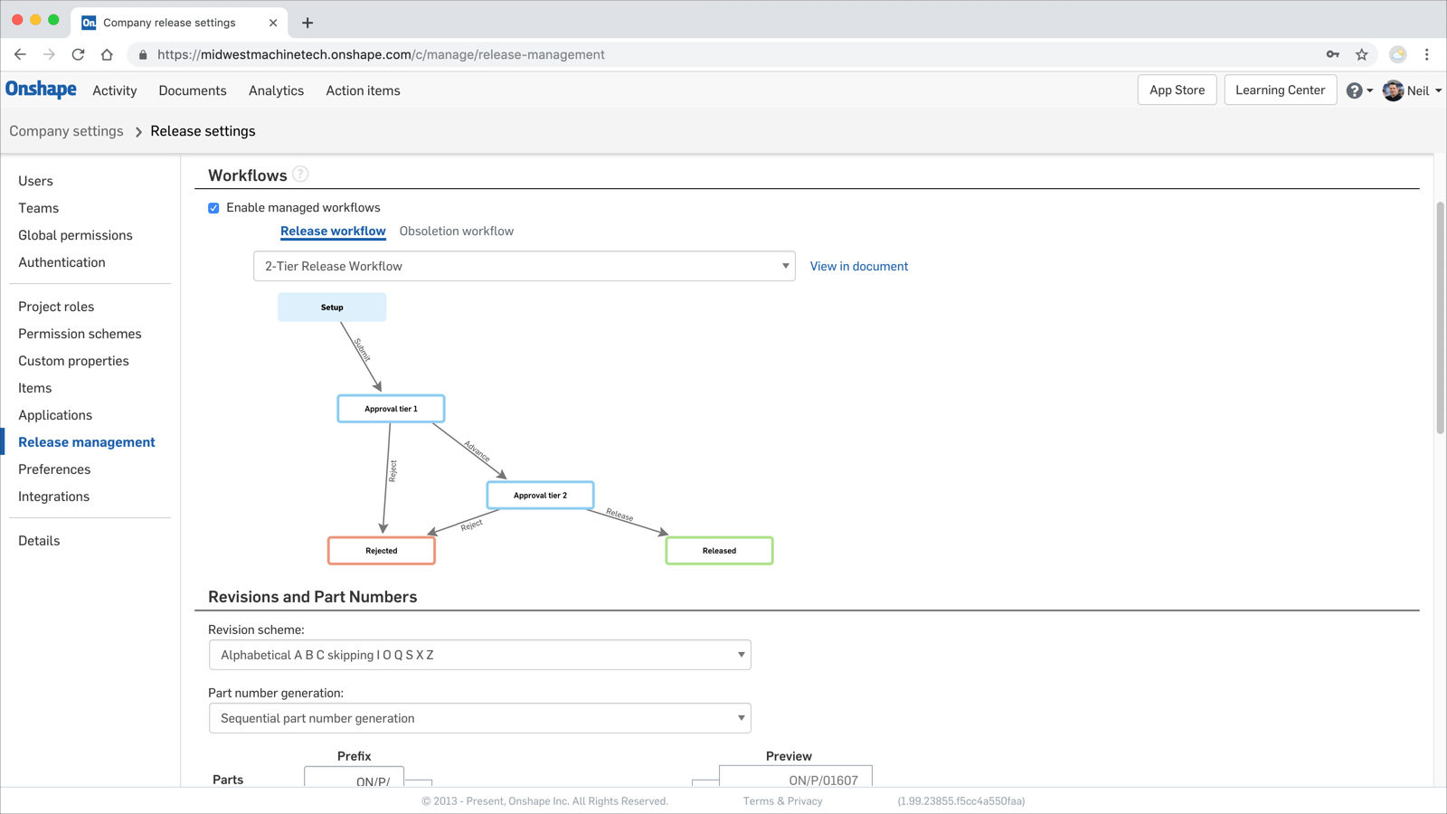 Release management workflows in Onshape