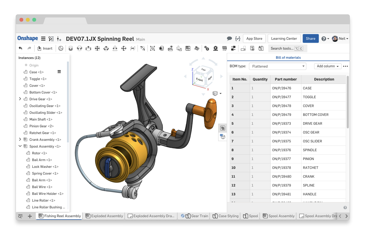 A spinning reel assembly in Onshape