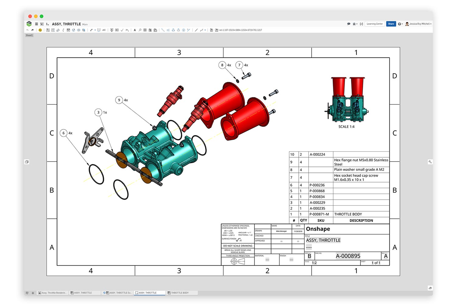 A throttle assembly drawing in Onshape