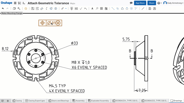 Attaching a geometric tolerance to a dimension on CAD drawings
