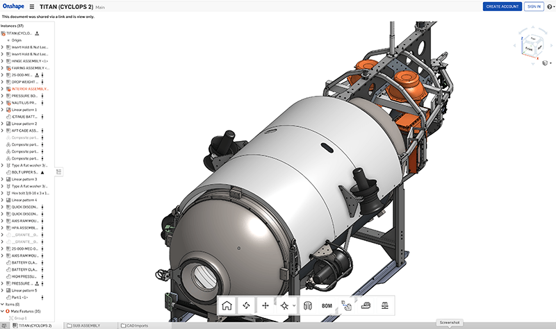 OceanGate submersible vehicle CAD model in Onshape