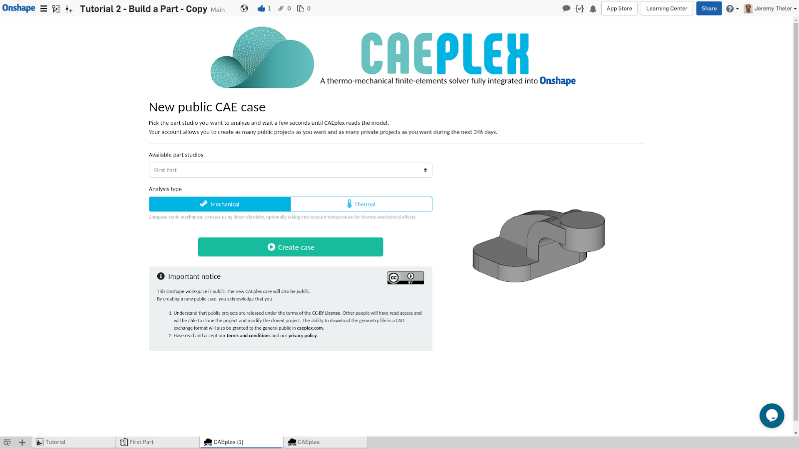 Screenshot of the CAEplex App, which conducts finite-element analysis (FEA) tests inside an Onshape Document.