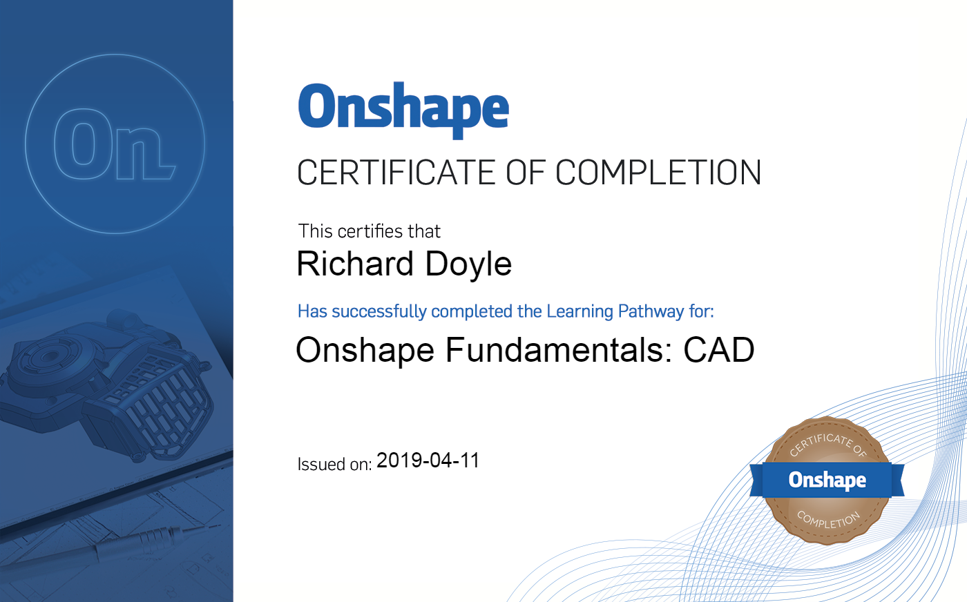 Screenshot of a completion certificate for finishing the online Onshape Fundamentals course.
