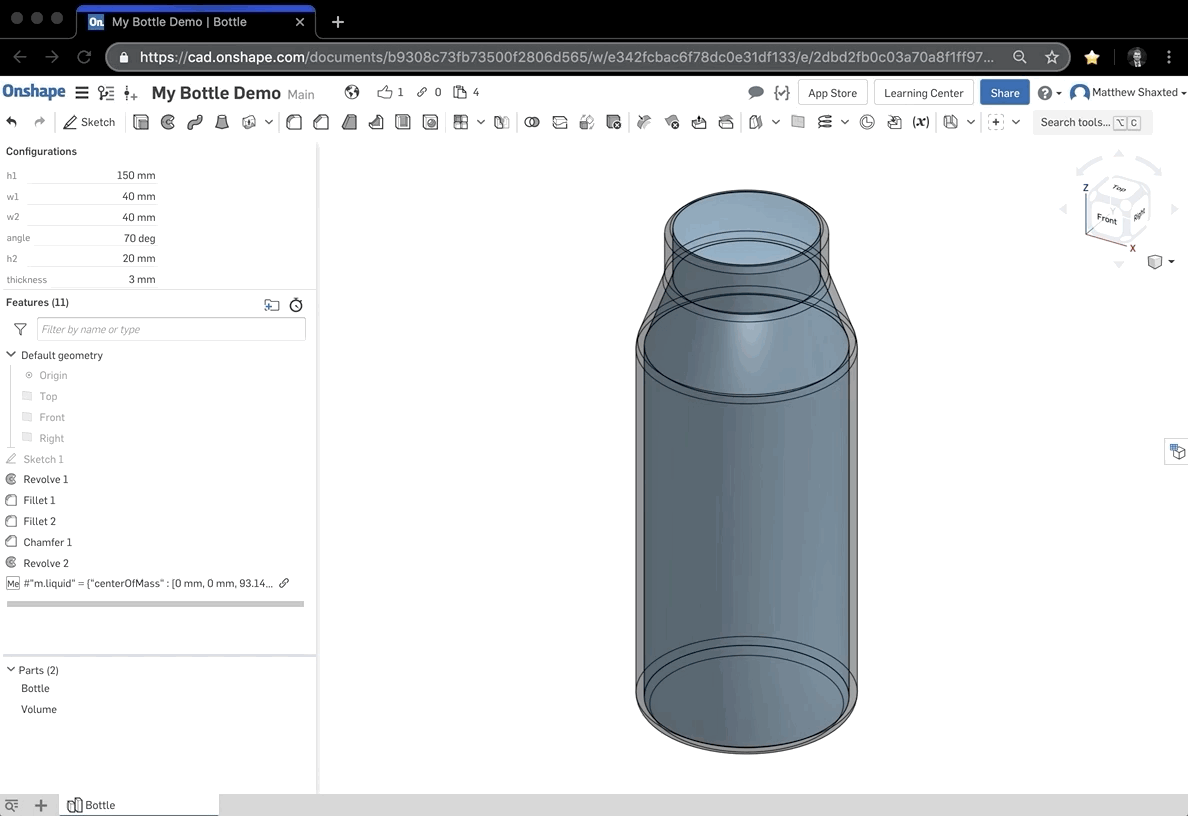 Example bottle Part Studio parametric testing with six Configuration Variables