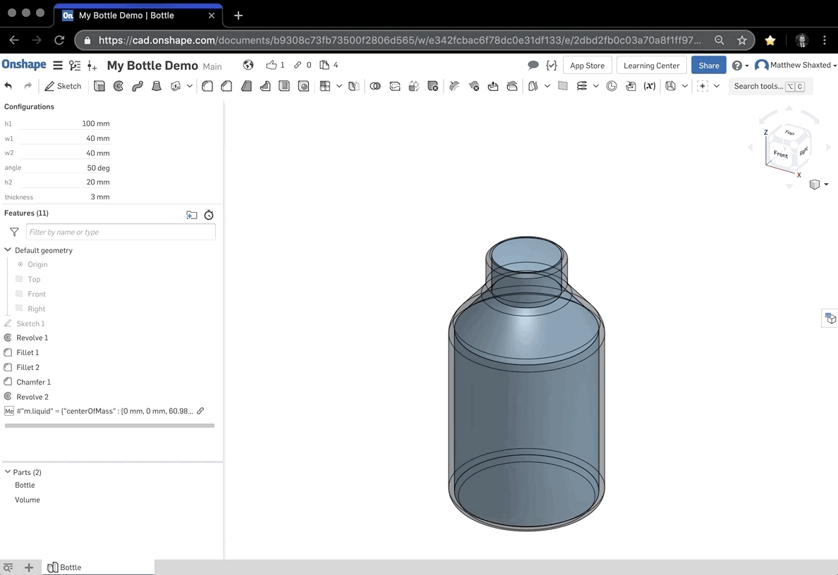 GIF of Onshape, setting Configuration Variables