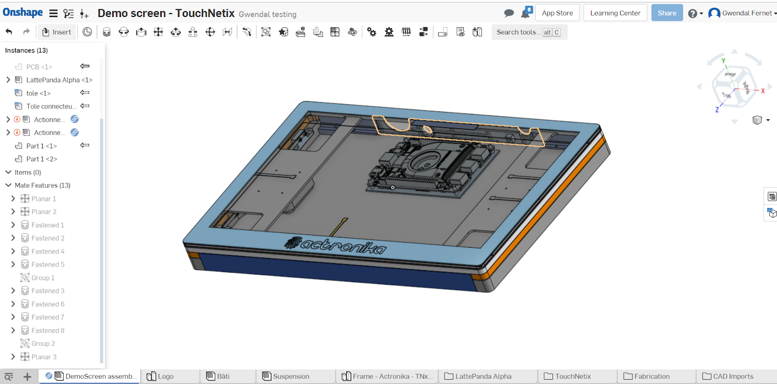 Screenshot of an Onshape CAD model of a car's entertainment panel. Actronika, which integrates haptic technology into other companies’ existing and developing products, relies on Onshape’s real-time collaboration tools to speed up communication with its partners.