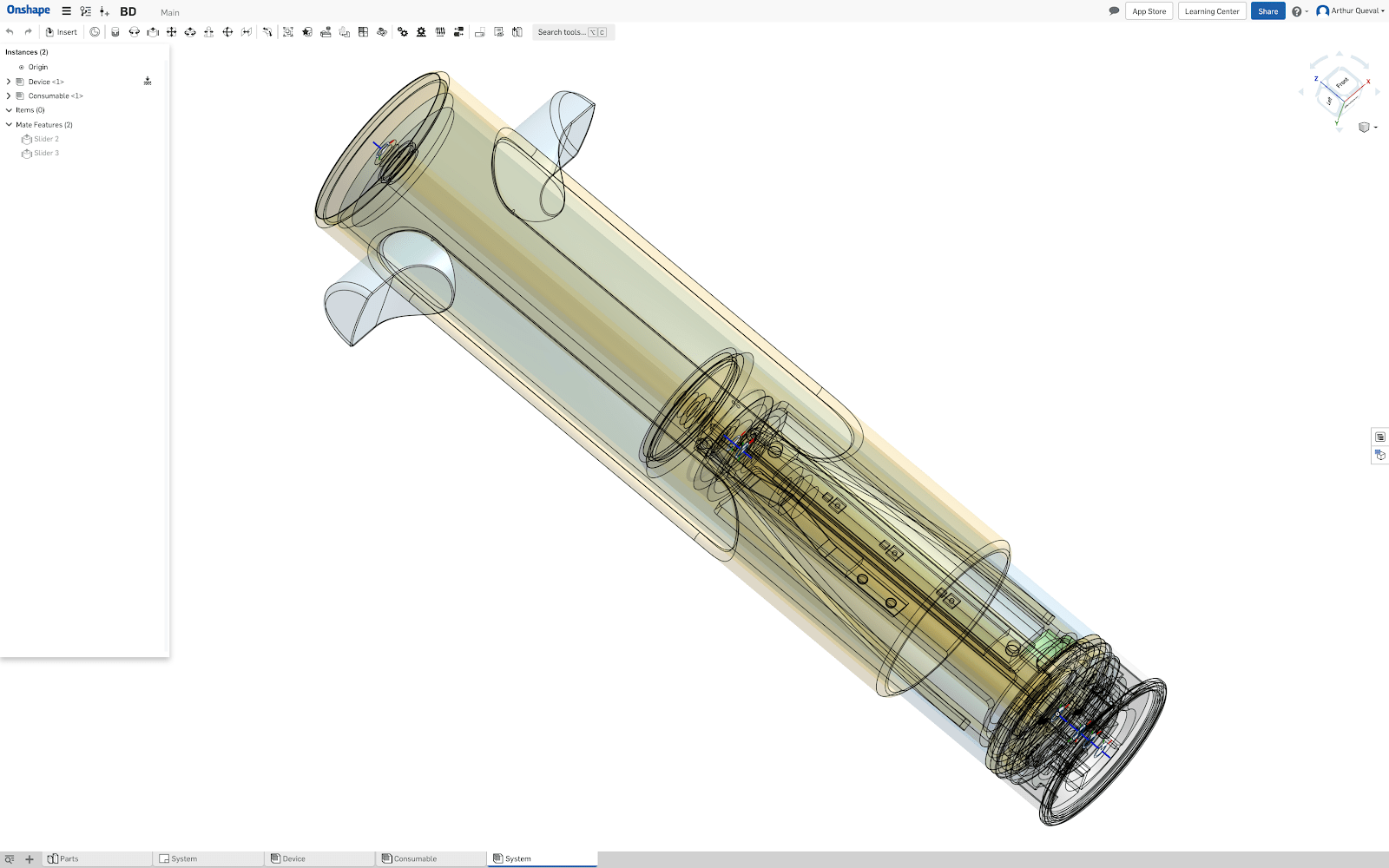 Onshape screenshot of the CAD model of Loop Medical's new needle-free blood collection device, which is scheduled for clinical trials in 2020.