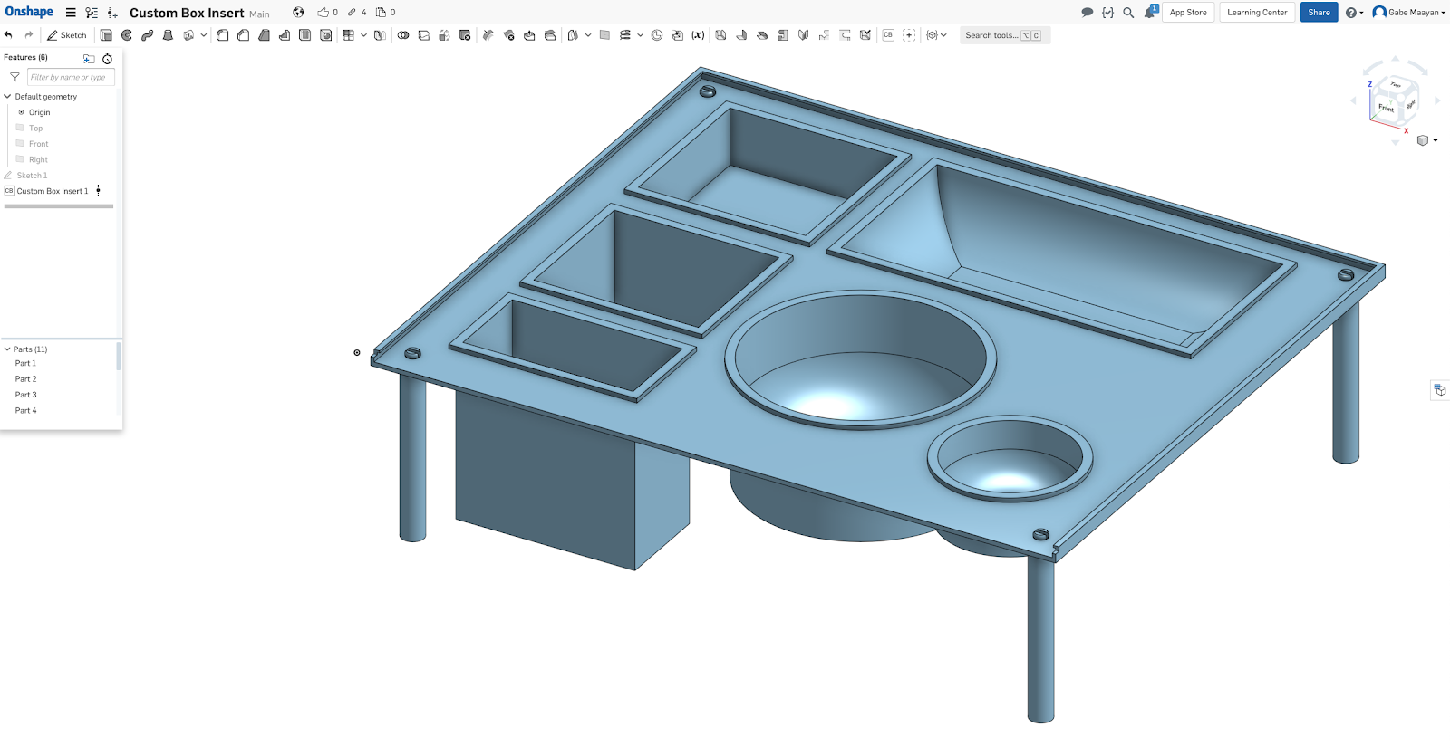 Screenshot of Gabe Maayan's custom Onshape feature for box inserts that he created in the 2019 Onshape FeatureScript hackathon.