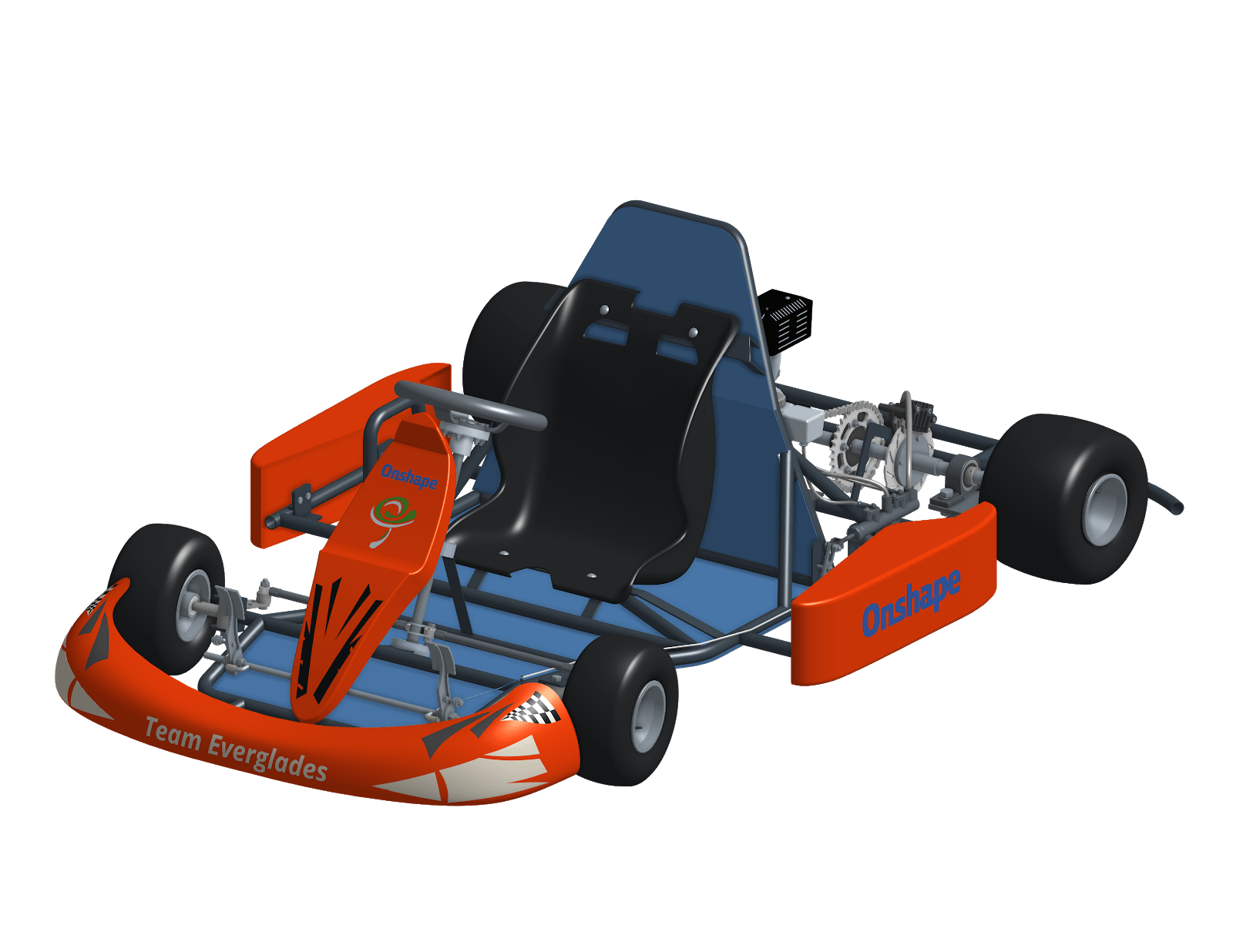 Screenshot of an Onshape CAD model of a go-kart designed by Everglades Technologies in India.