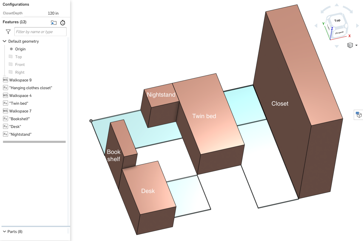 Screenshot of the layout for a child's bedroom that the designer wants to build around her favorite furniture. The design was created with FeatureScript, Onshape's open-source programming language that lets you easily create custom CAD features.