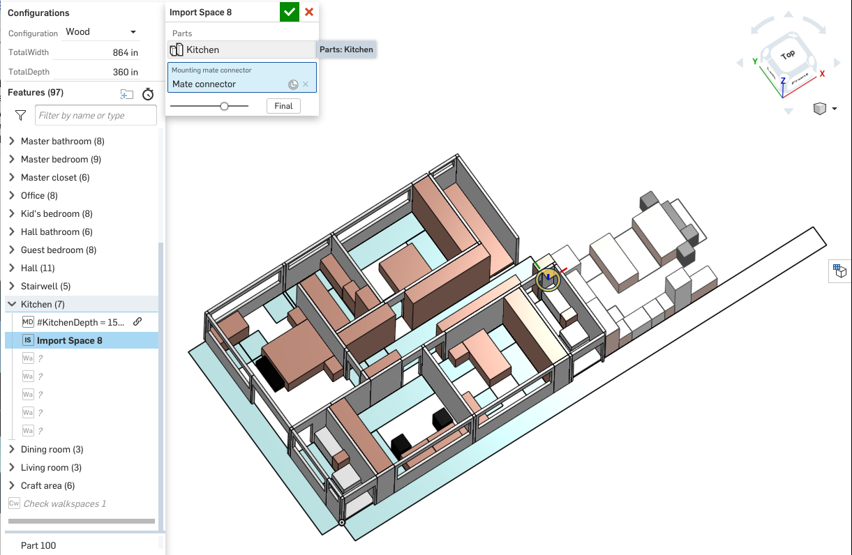 Screenshot of importing the kitchen design into the overall home layout. The design was created with FeatureScript, Onshape's open-source programming language that lets you easily create custom CAD features.