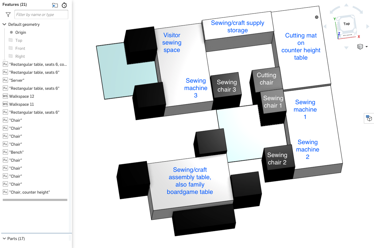 Screenshot of an activity room that the designer created to accommodate her sewing machines and craft supplies. The design was created with FeatureScript, Onshape's open-source programming language that lets you easily create custom CAD features.